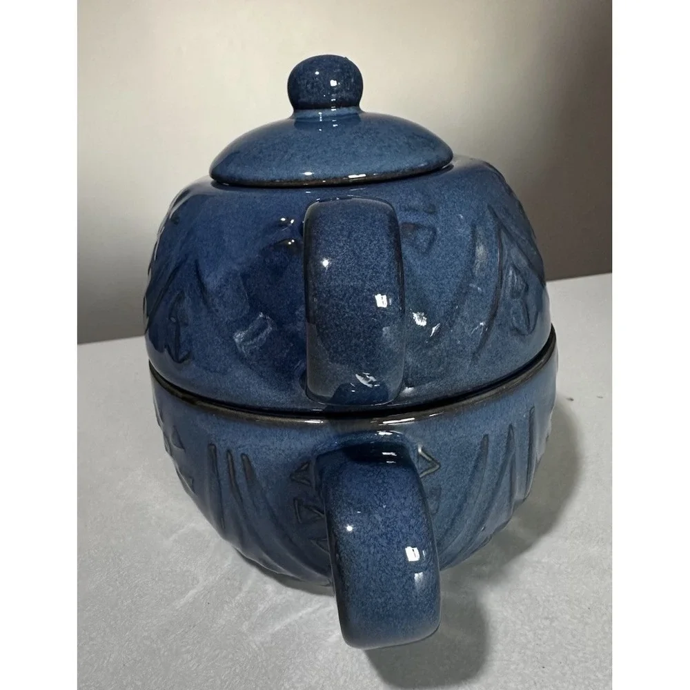 Pier 1 Blue Glazed Stoneware Teapot for One Set Cup w Lid Embossed Floral Boho